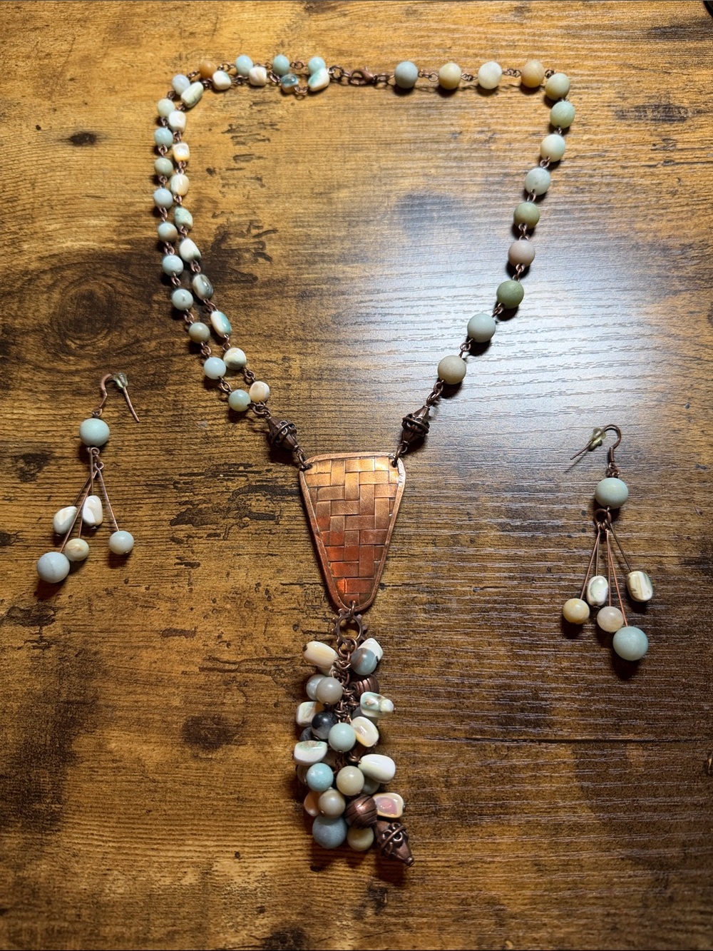 Artisan Copper Pendant Necklace with Aqua and Cream Beads